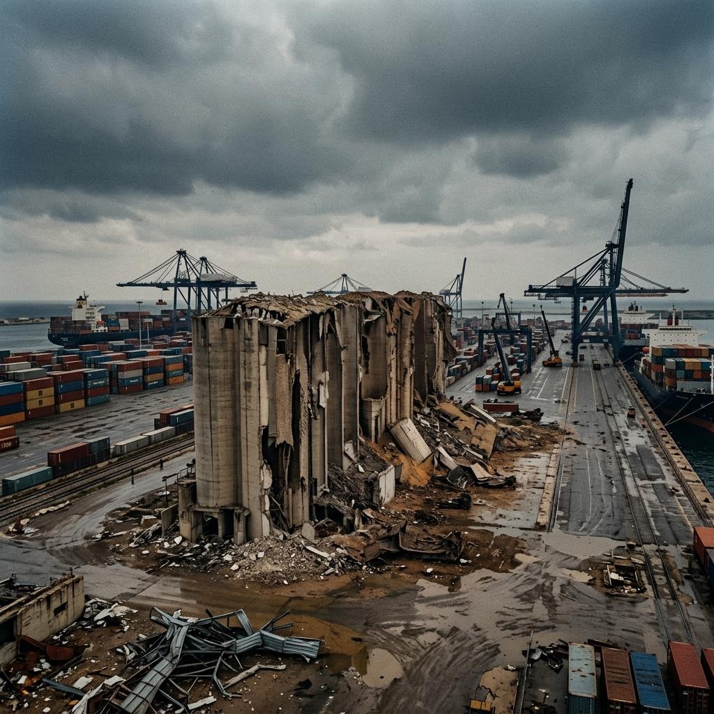 The Port of Beirut grain silos, damaged in the August 4, 2020 explosion.
