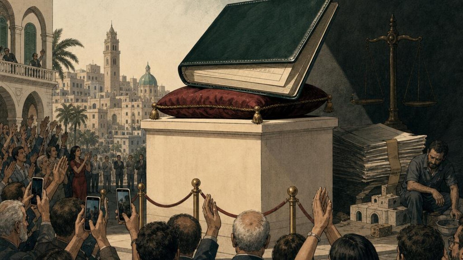 Editorial illustration: public admiration gathers around wealth while accountability and institution-building remain in the shadows. AI-assisted artwork created for Lebanon Think Tank.