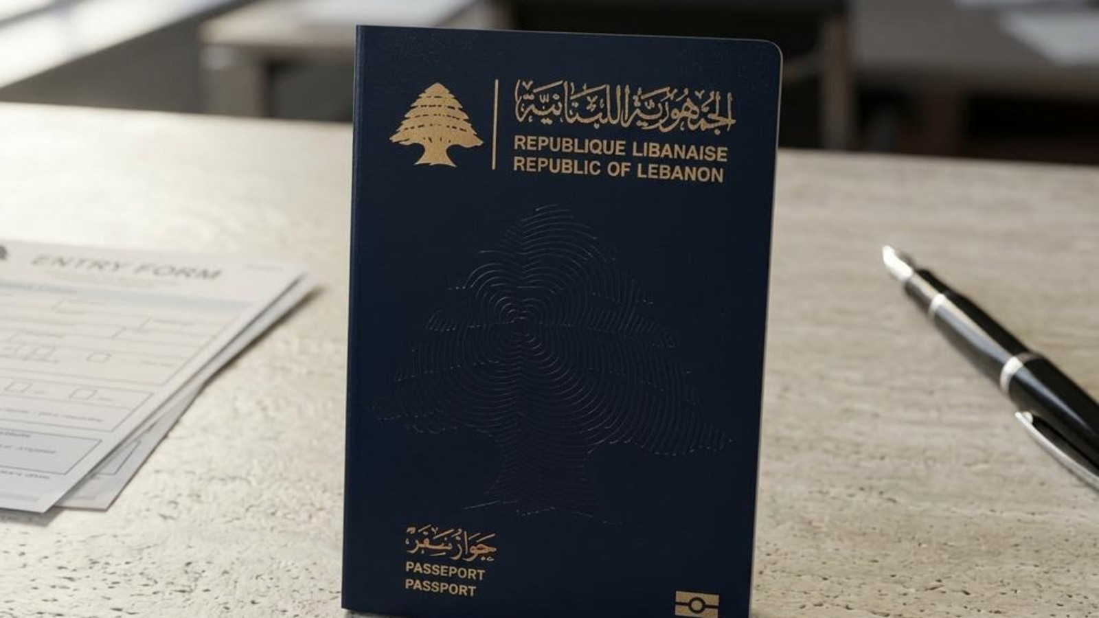 Editorial illustration based on a public-domain image of Lebanon’s biometric passport.